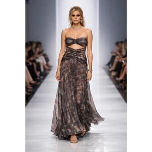 Revolve Metallic Bronze  Cutout Evening Gown Elegant Pleated Maxi Runway sz 4